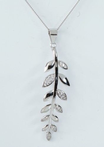 Sterling Silver/CZ Long Leaf Pendant and Chain